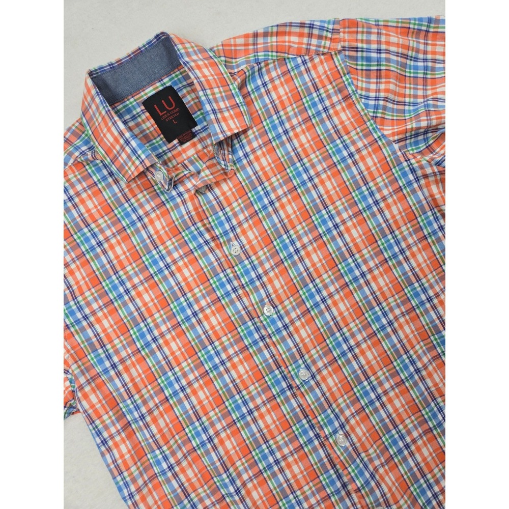 Linea Uomo Stretch Plaid Short Sleeve Button‎ Up Shirt Men's Size L Orange Blue